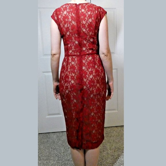 Red Dress Modest Lace Sheath Bodycon Cocktail Party French Connection Size 4 - Picture 3 of 10